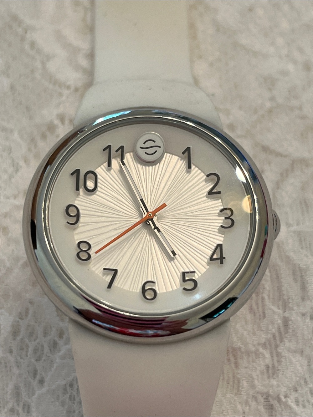 Philip Stein White Silicone Watch with Silver Bezel and Orange Second Hand